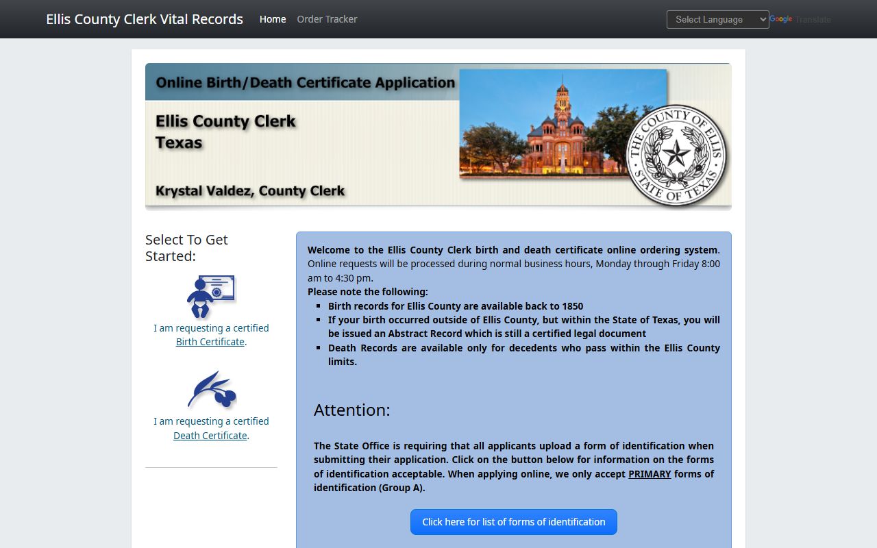 Ellis County online vital records portal for ordering obituary and death records