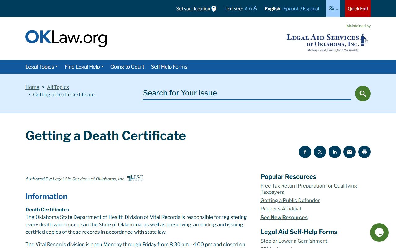 Legal Aid Services of Oklahoma obituary and death certificate guide
