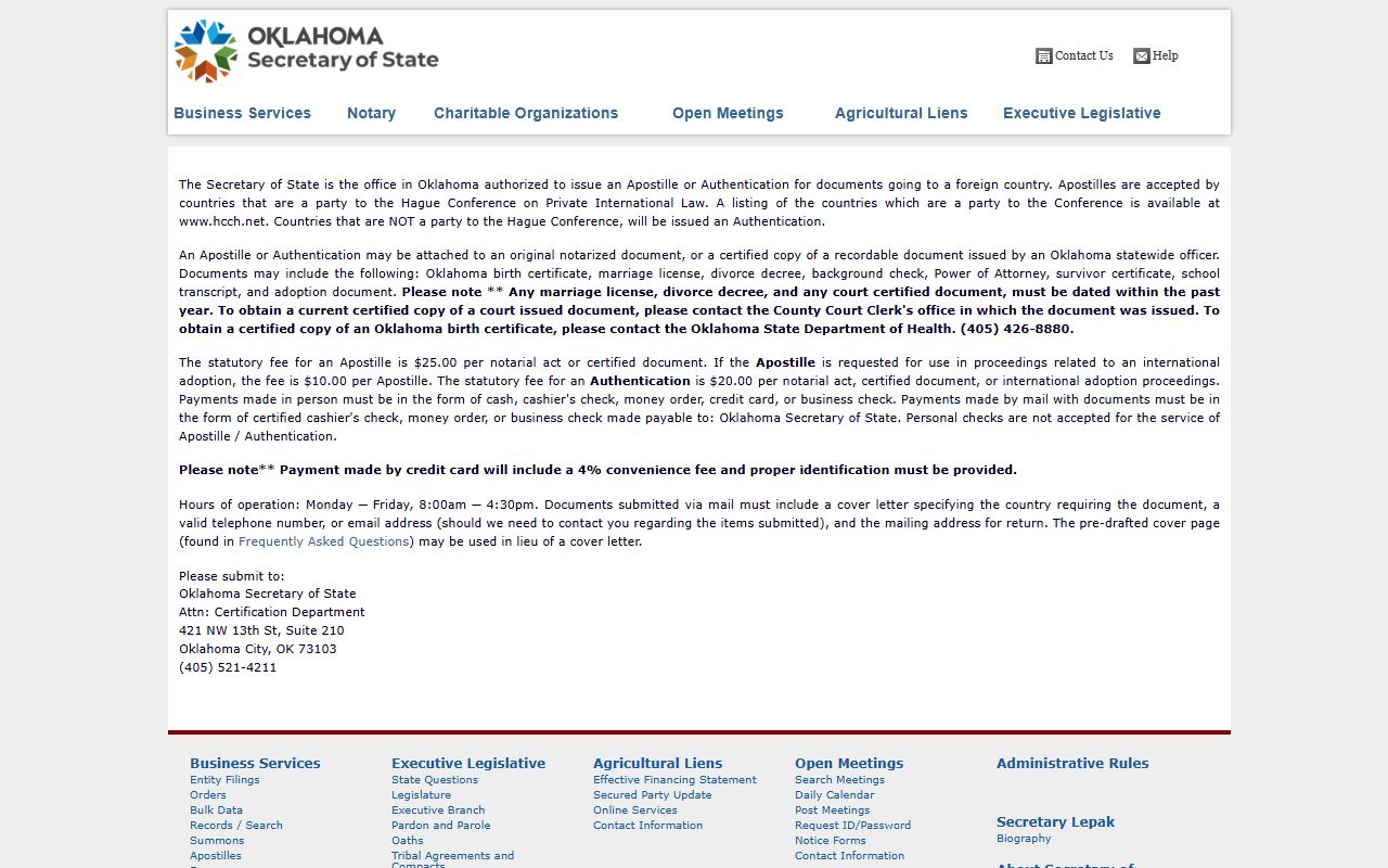 Oklahoma Secretary of State apostille services for obituary death records